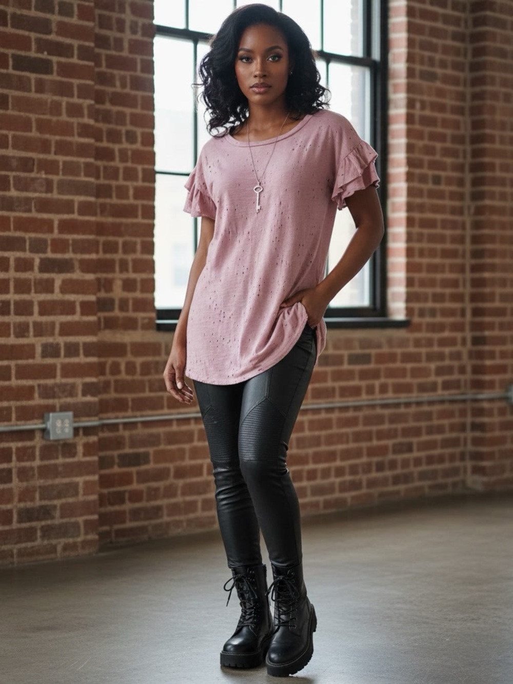Poof! NWT Pink Distressed Ruffle Sleeve Tunic Top Size Small